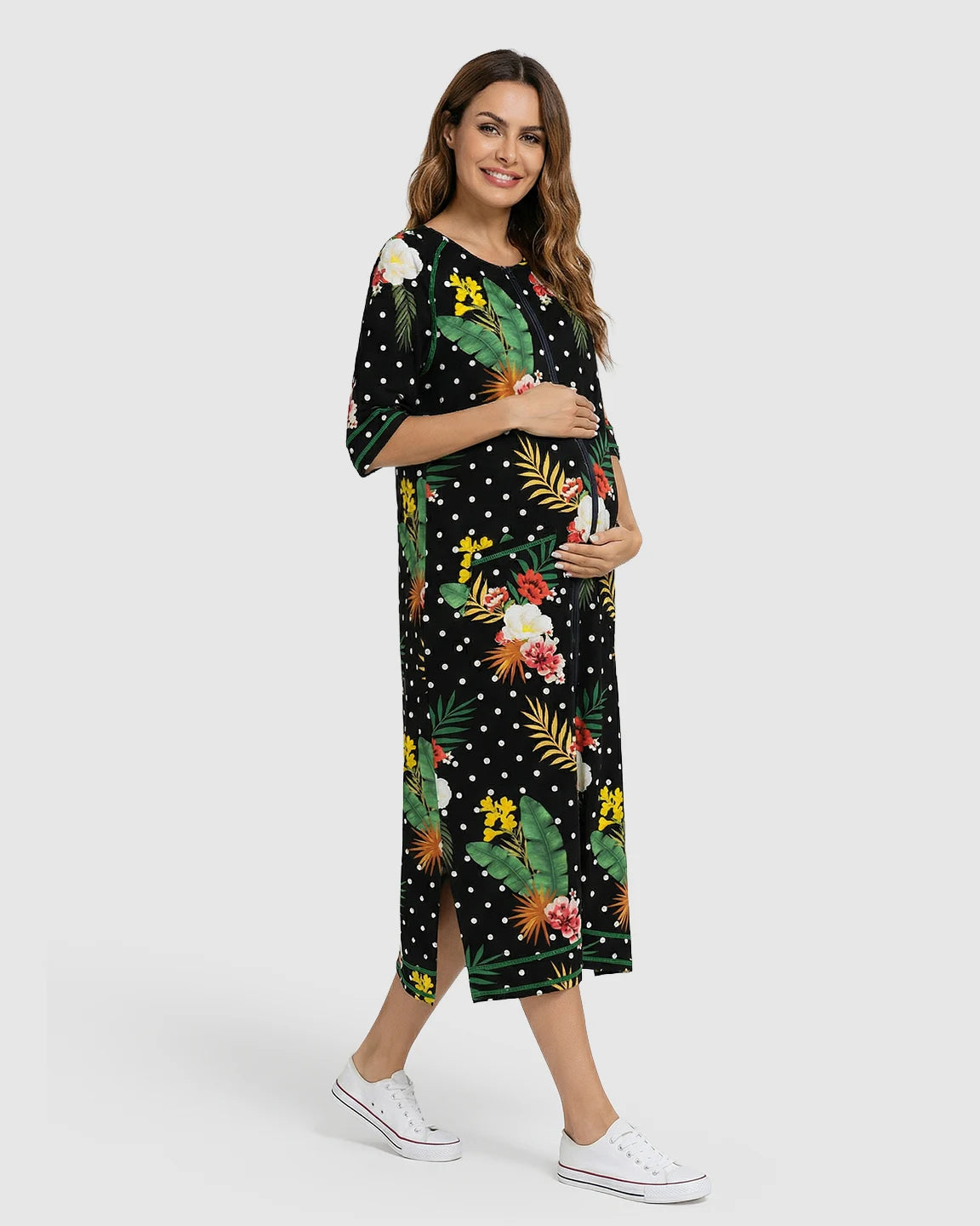 Zip-Front Tropical Print Maternity & Nursing Lounge Dress