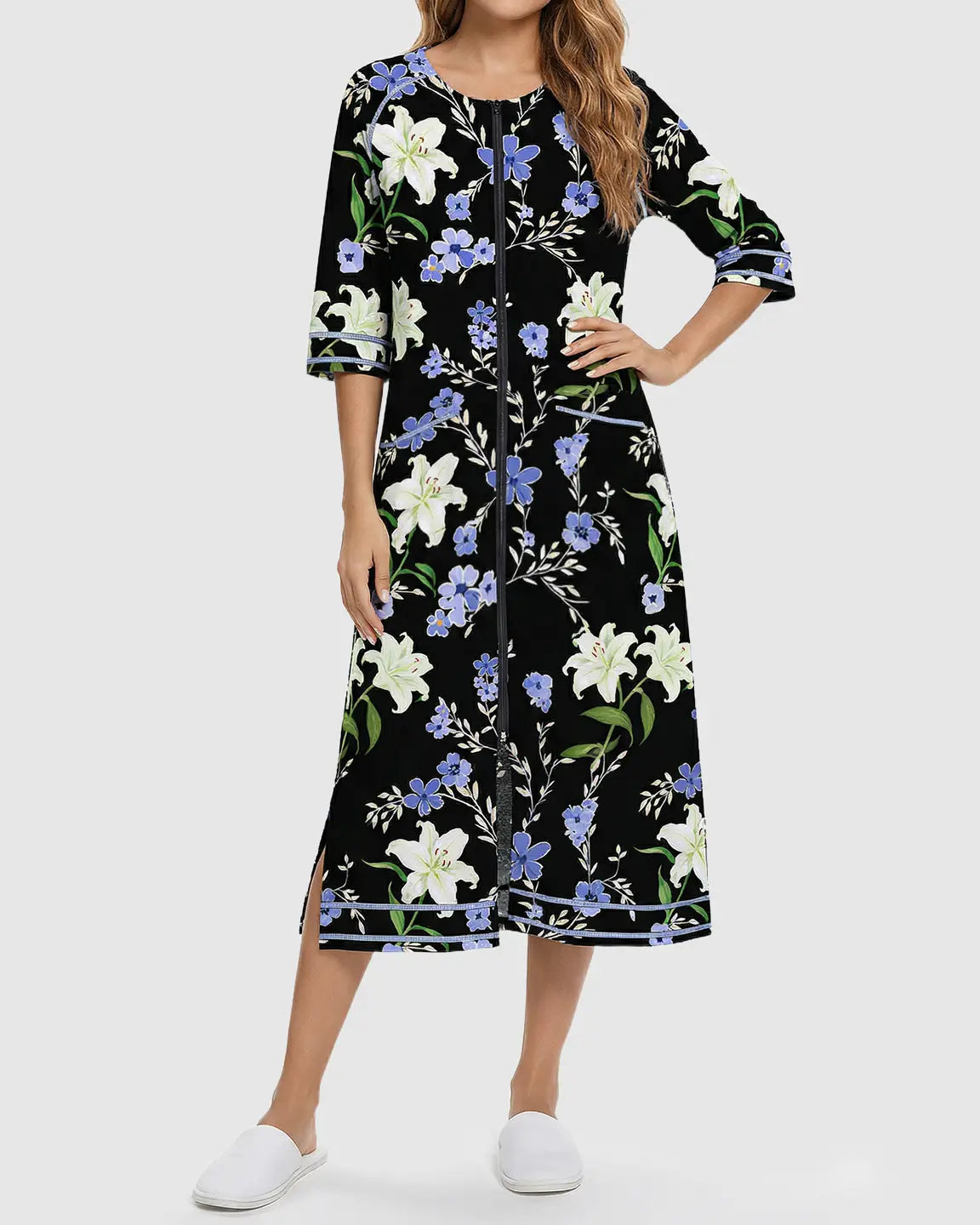 Side-Slit Floral Maternity & Nursing Lounge Dress