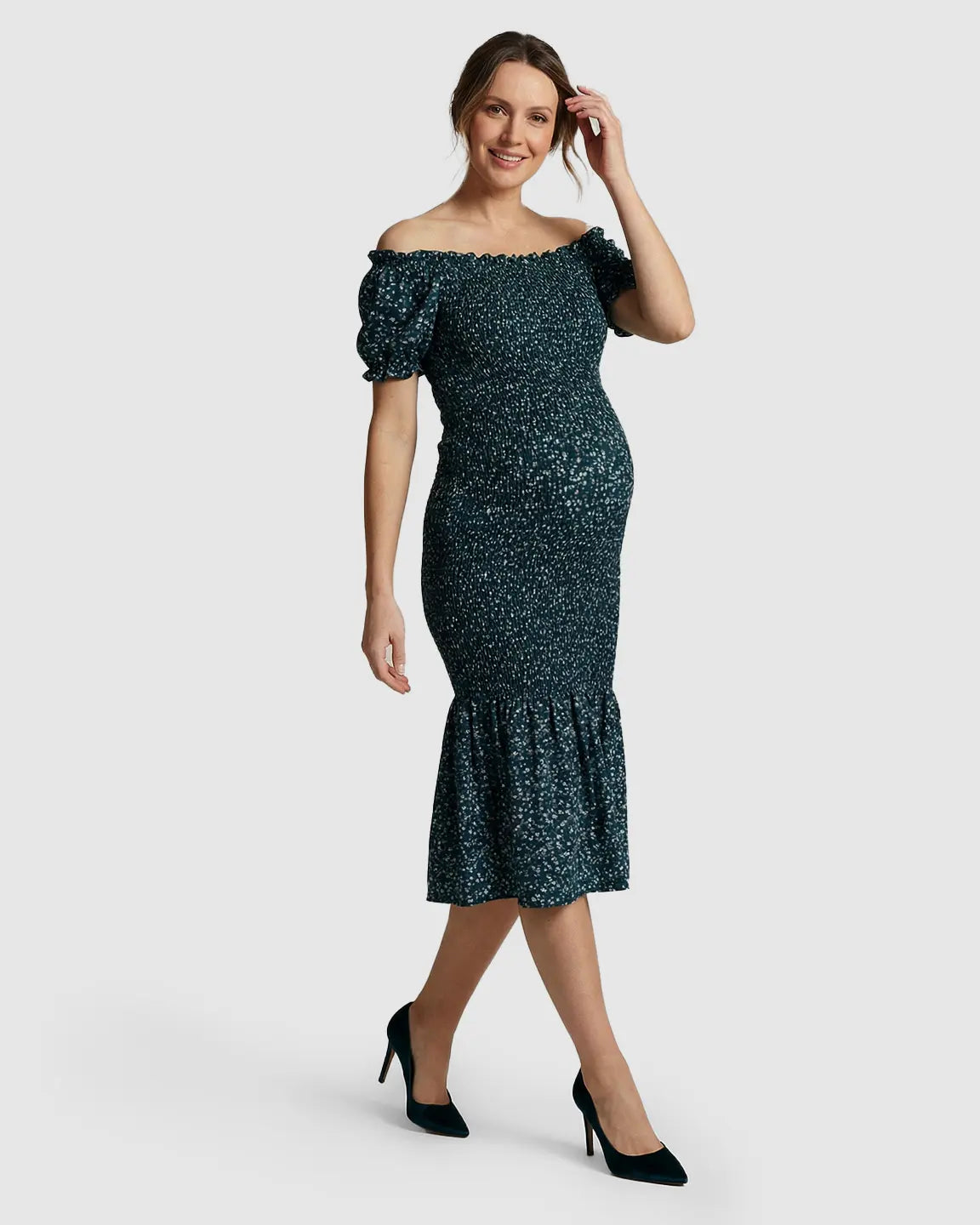 Puff Sleeve Smocked Maternity Midi Dress