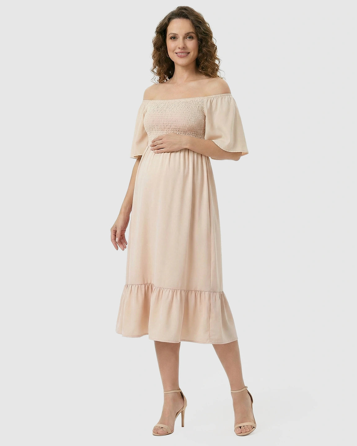 Flutter-Sleeve Smocked Maternity Midi Dress