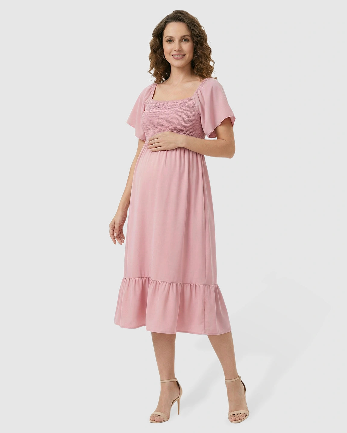 Flutter-Sleeve Smocked Maternity Midi Dress