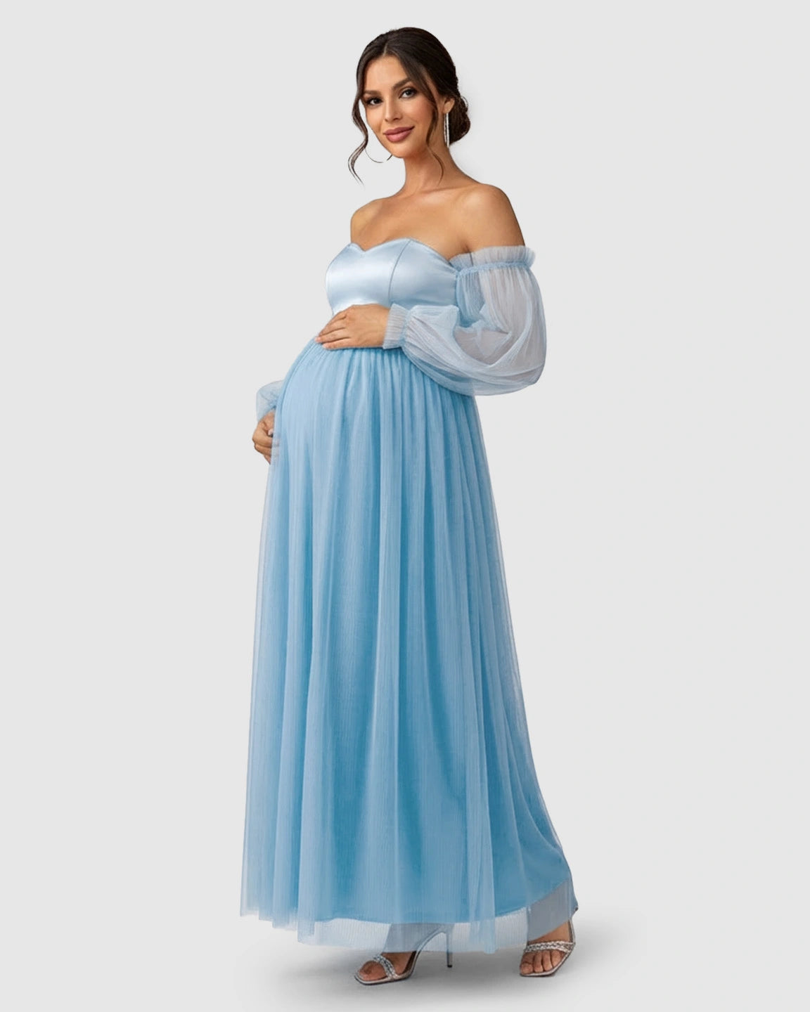 Off-Shoulder Mesh-Sleeve Maternity Gown