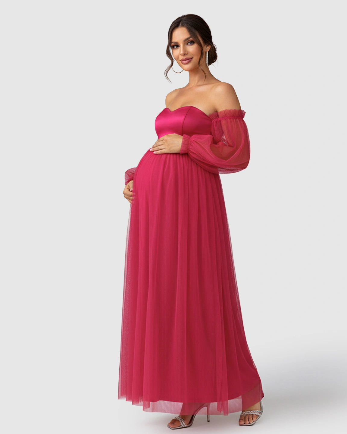 Off-Shoulder Mesh-Sleeve Maternity Gown