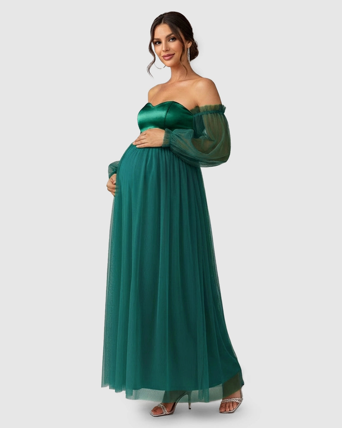Off-Shoulder Mesh-Sleeve Maternity Gown
