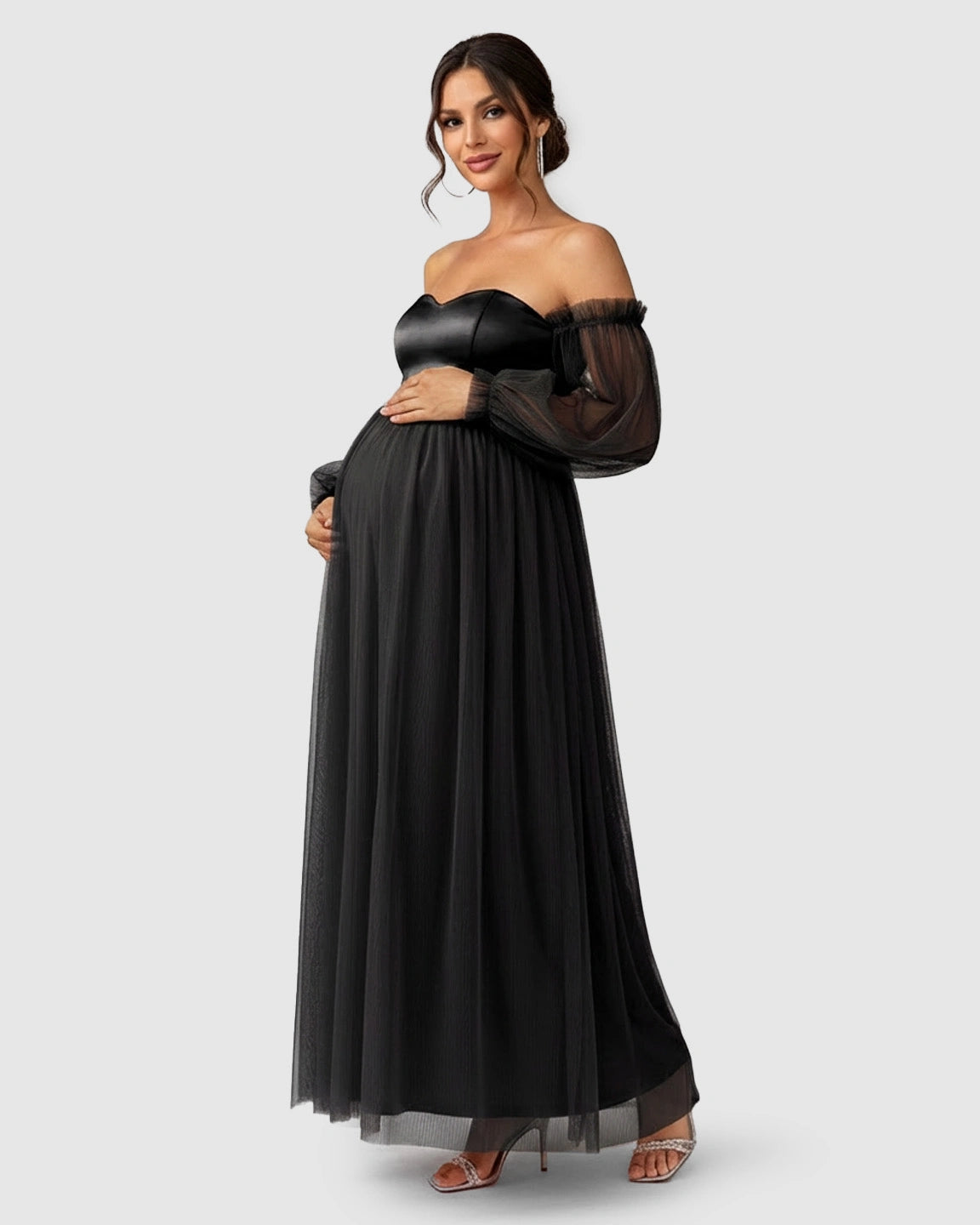Off-Shoulder Mesh-Sleeve Maternity Gown