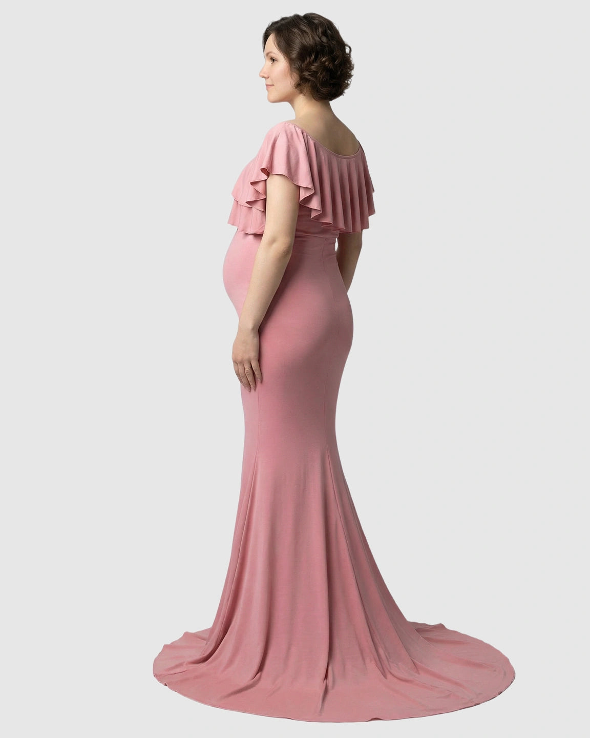 Ruffle-Off Shoulder Trailing Maternity Gown