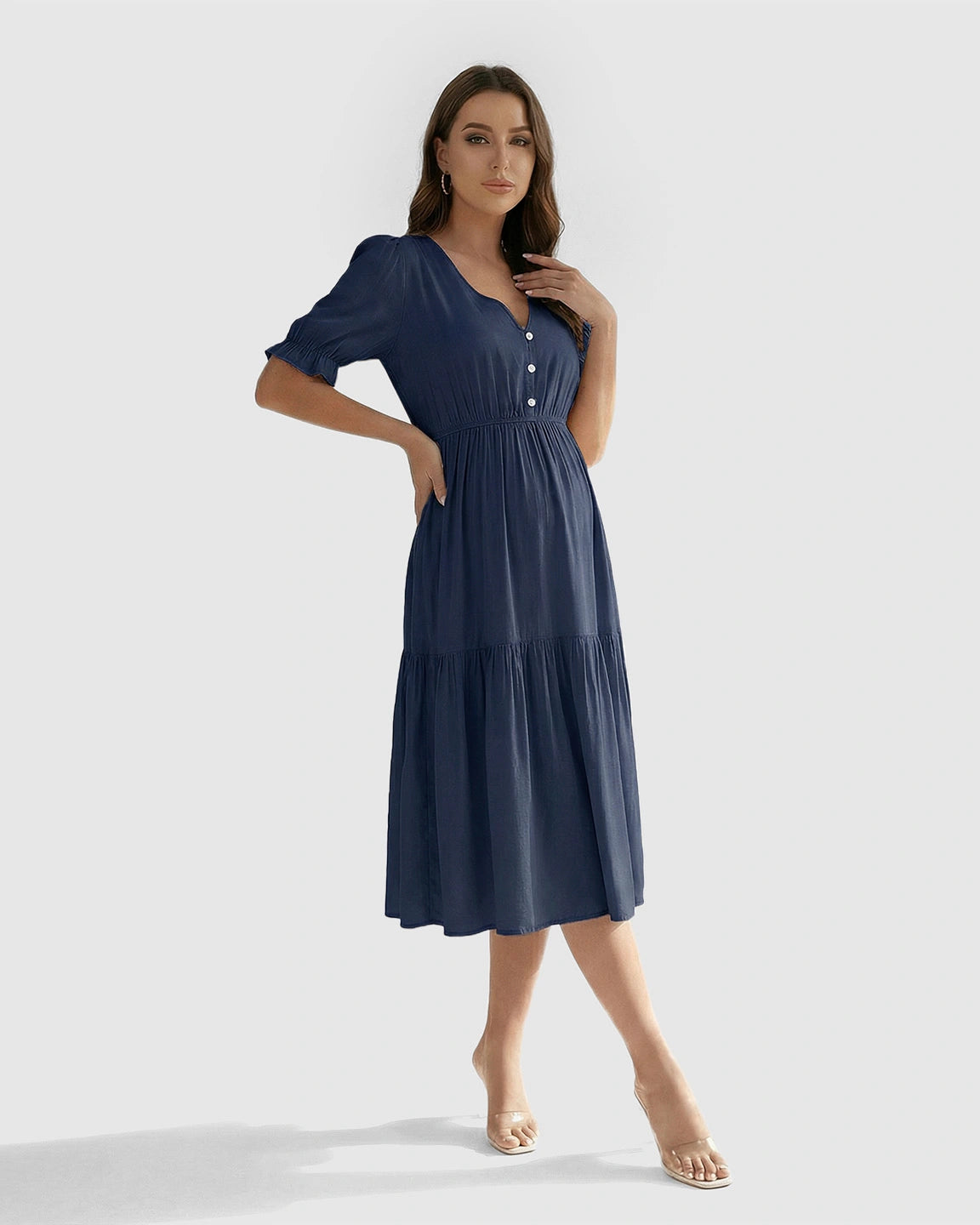 V-Neck Puff Sleeve Maternity Midi Dress
