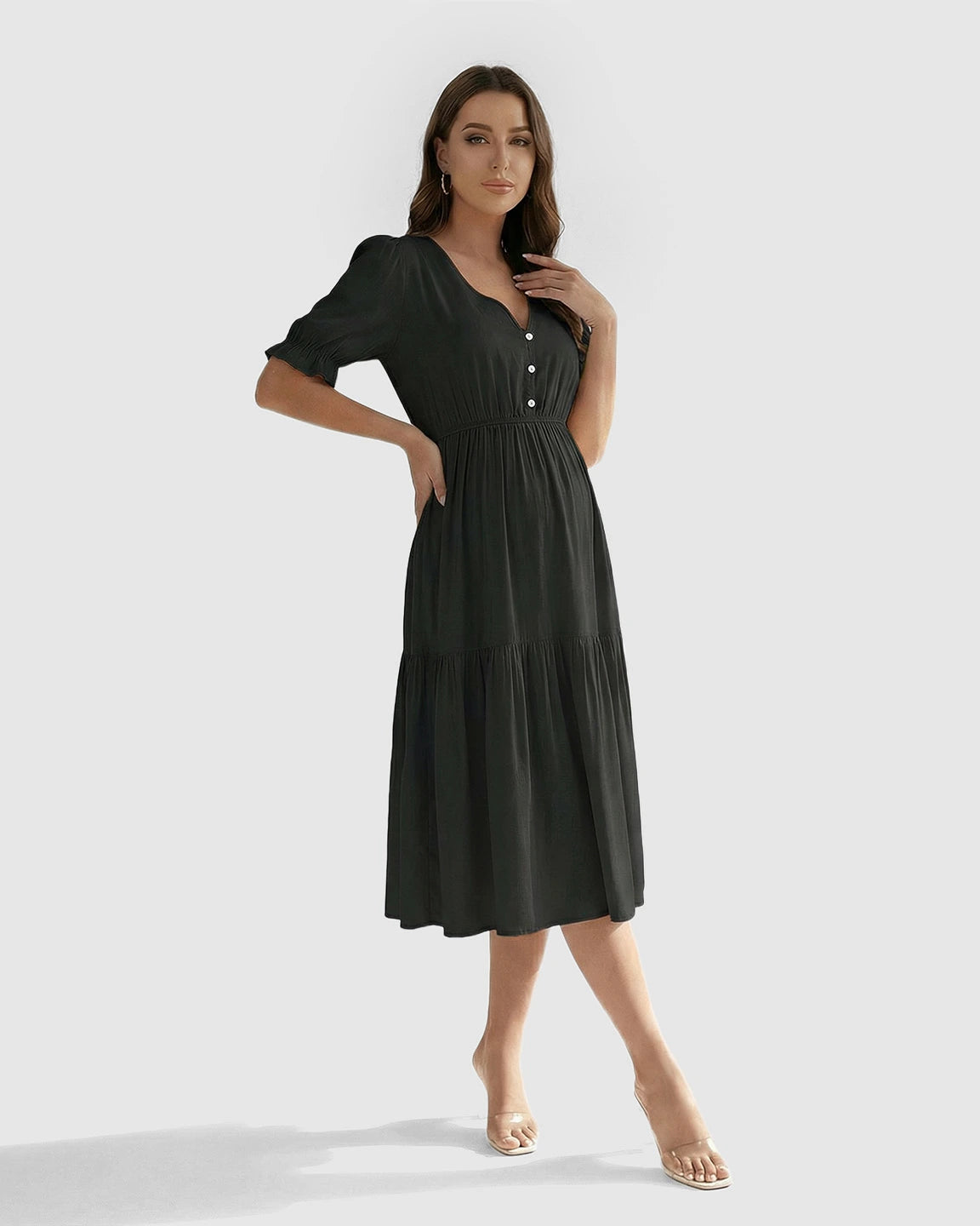 V-Neck Puff Sleeve Maternity Midi Dress