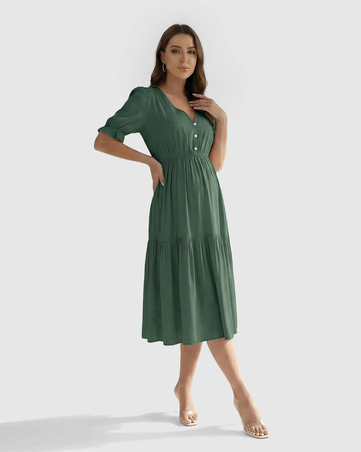 V-Neck Puff Sleeve Maternity Midi Dress