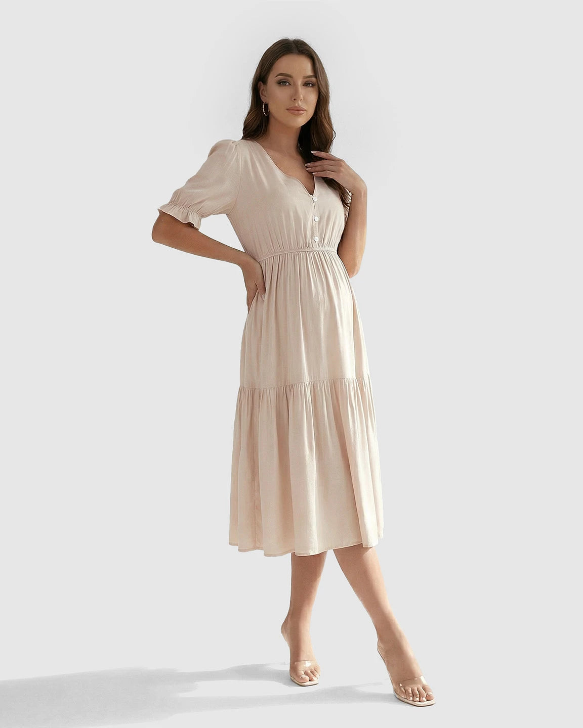 V-Neck Puff Sleeve Maternity Midi Dress