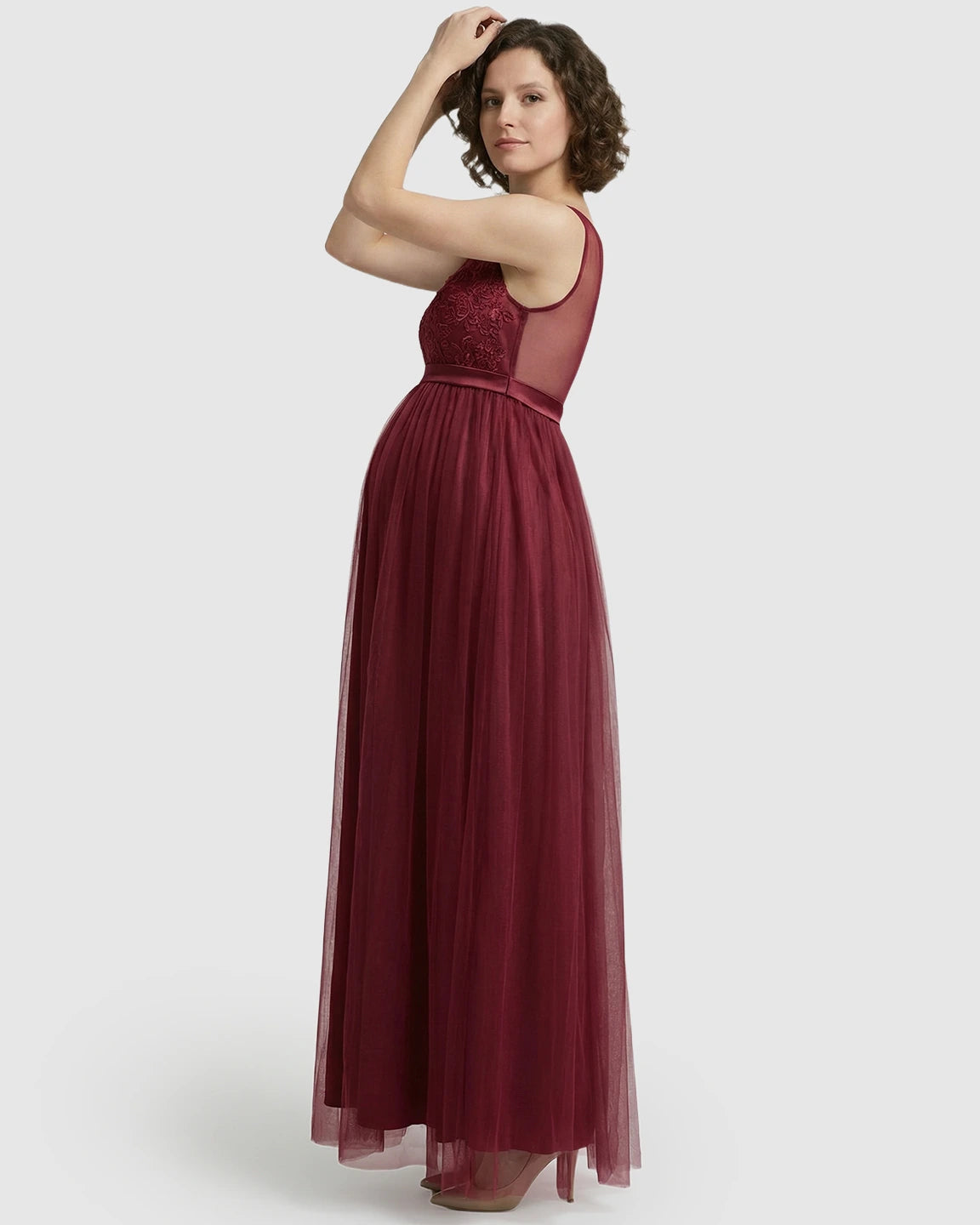 Lace-Trim Tulle Maternity Maxi Dress