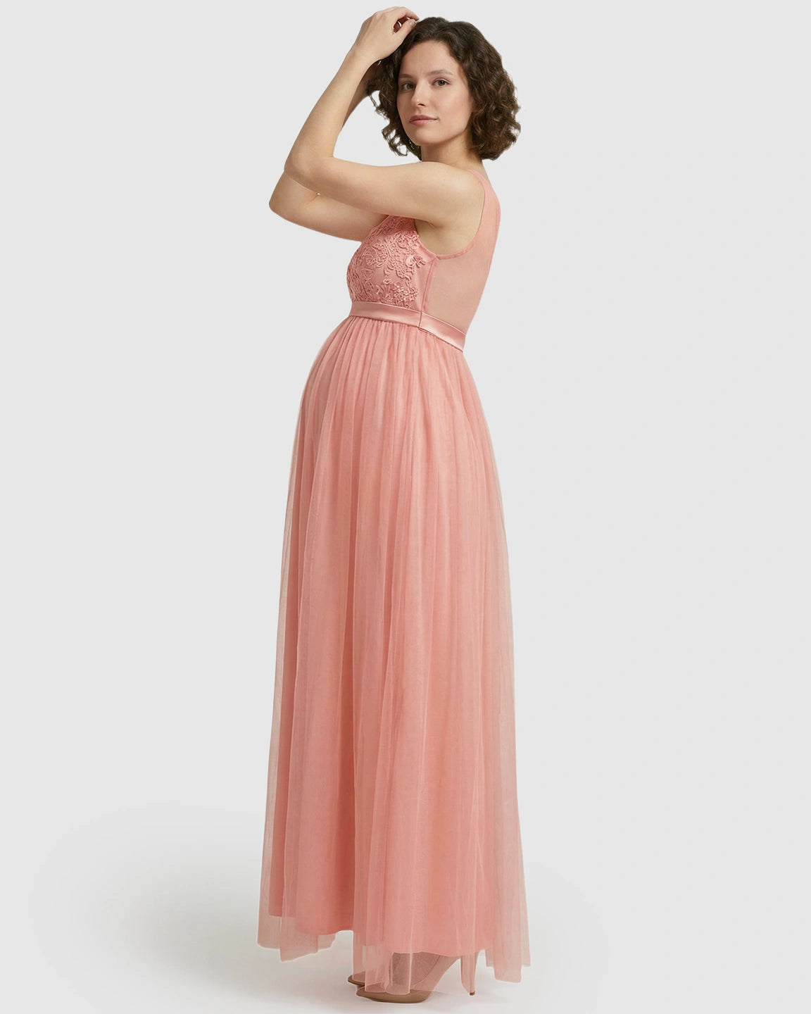 Lace-Trim Tulle Maternity Maxi Dress