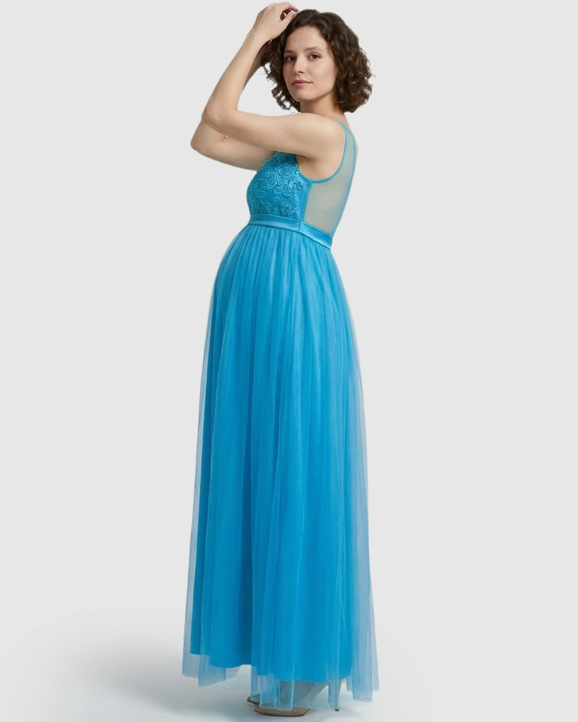 Lace-Trim Tulle Maternity Maxi Dress
