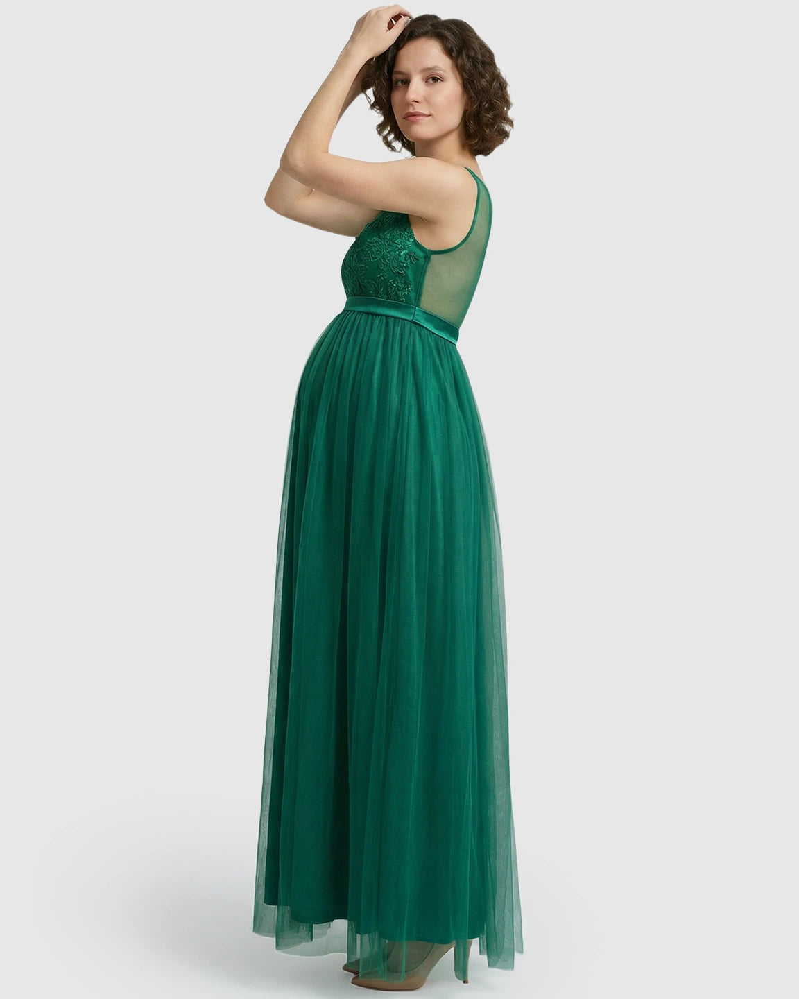 Lace-Trim Tulle Maternity Maxi Dress