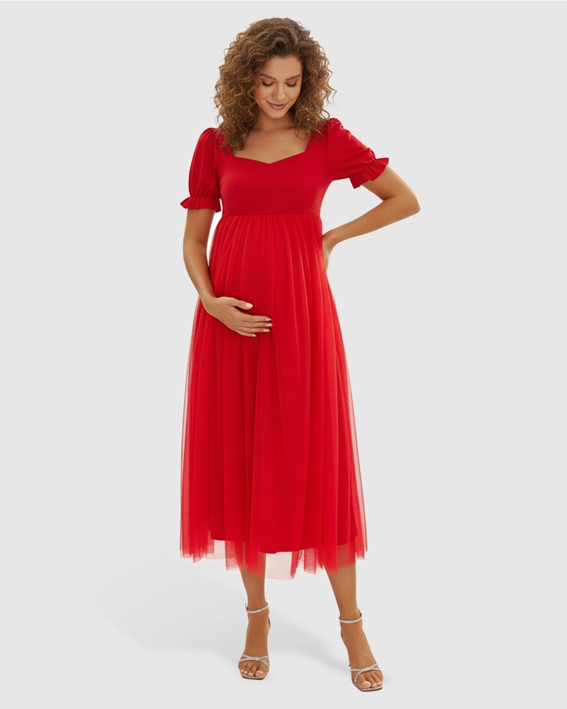 Soft Mesh Layers Romantic Maternity Midi Dress