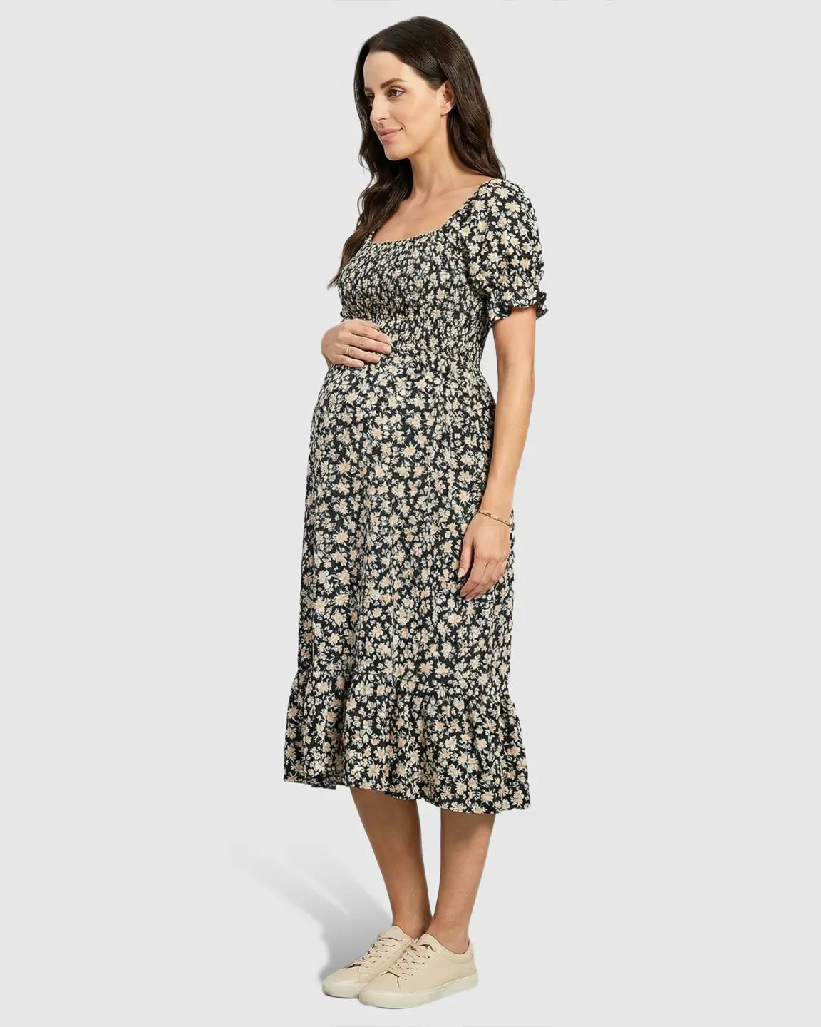 Smocked Bodice Boho Casual Maternity Midi Dress
