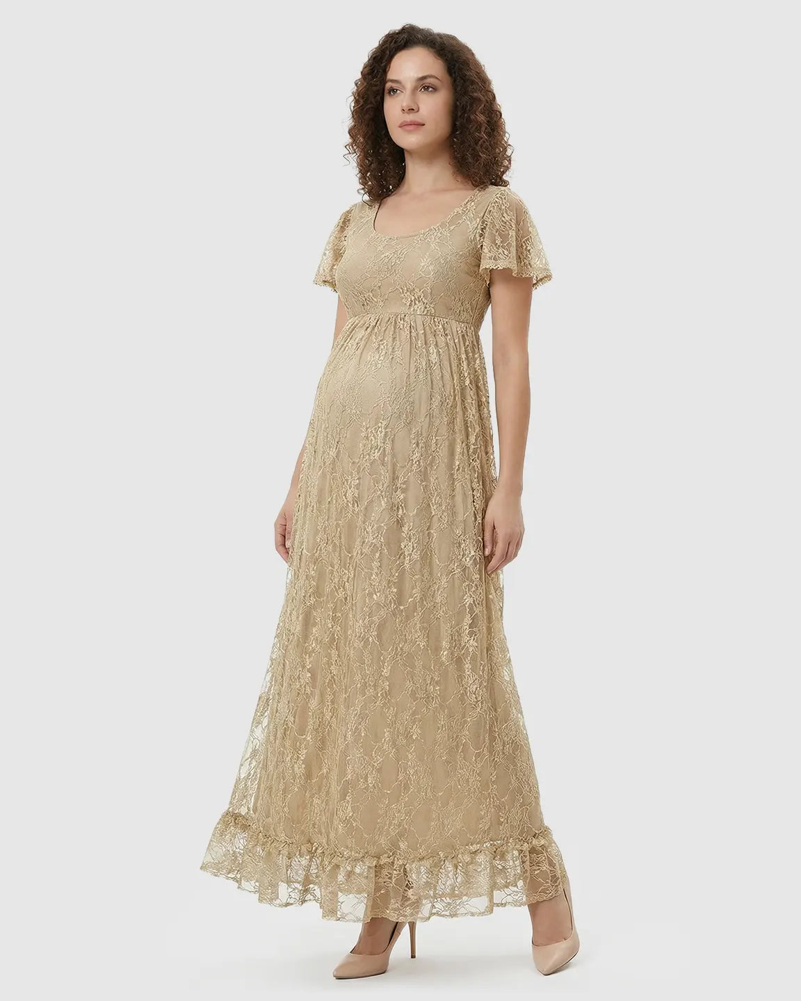 Ruffled Hem Floral Lace Maternity Photoshoot Dress