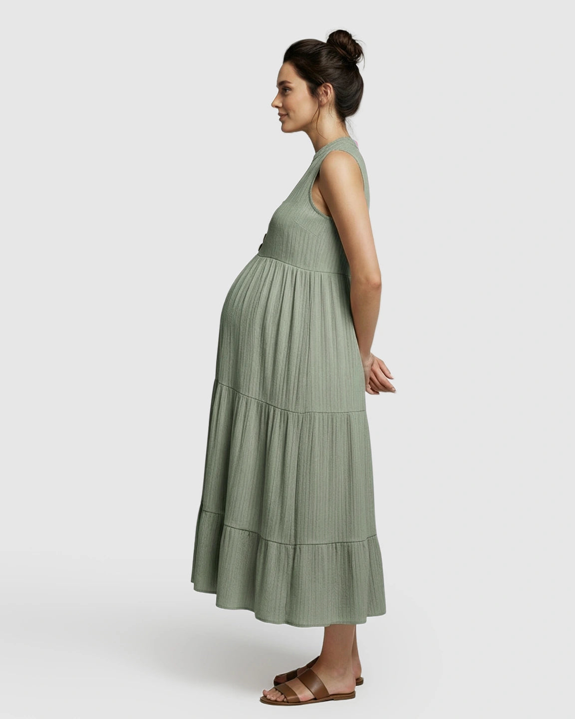 Button-Front Detail Tiered Maternity Midi Dress