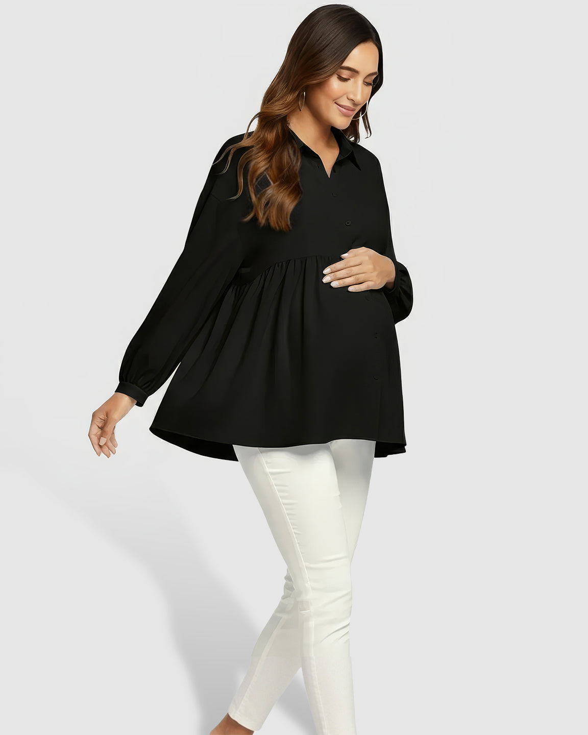 Lapel Long Sleeve Maternity Shirt