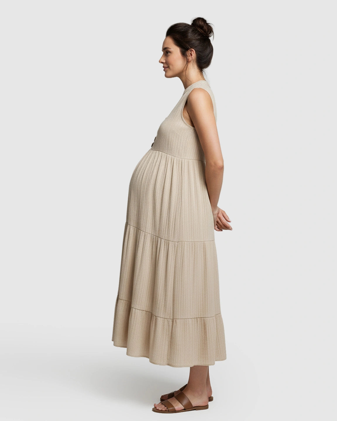 Button-Front Detail Tiered Maternity Midi Dress