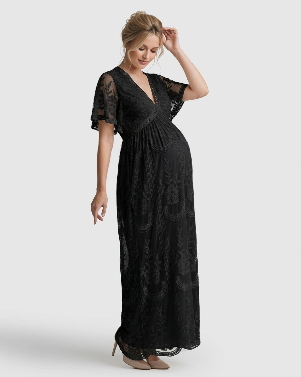 Sheer-Lace Romantic Maternity Maxi Dress