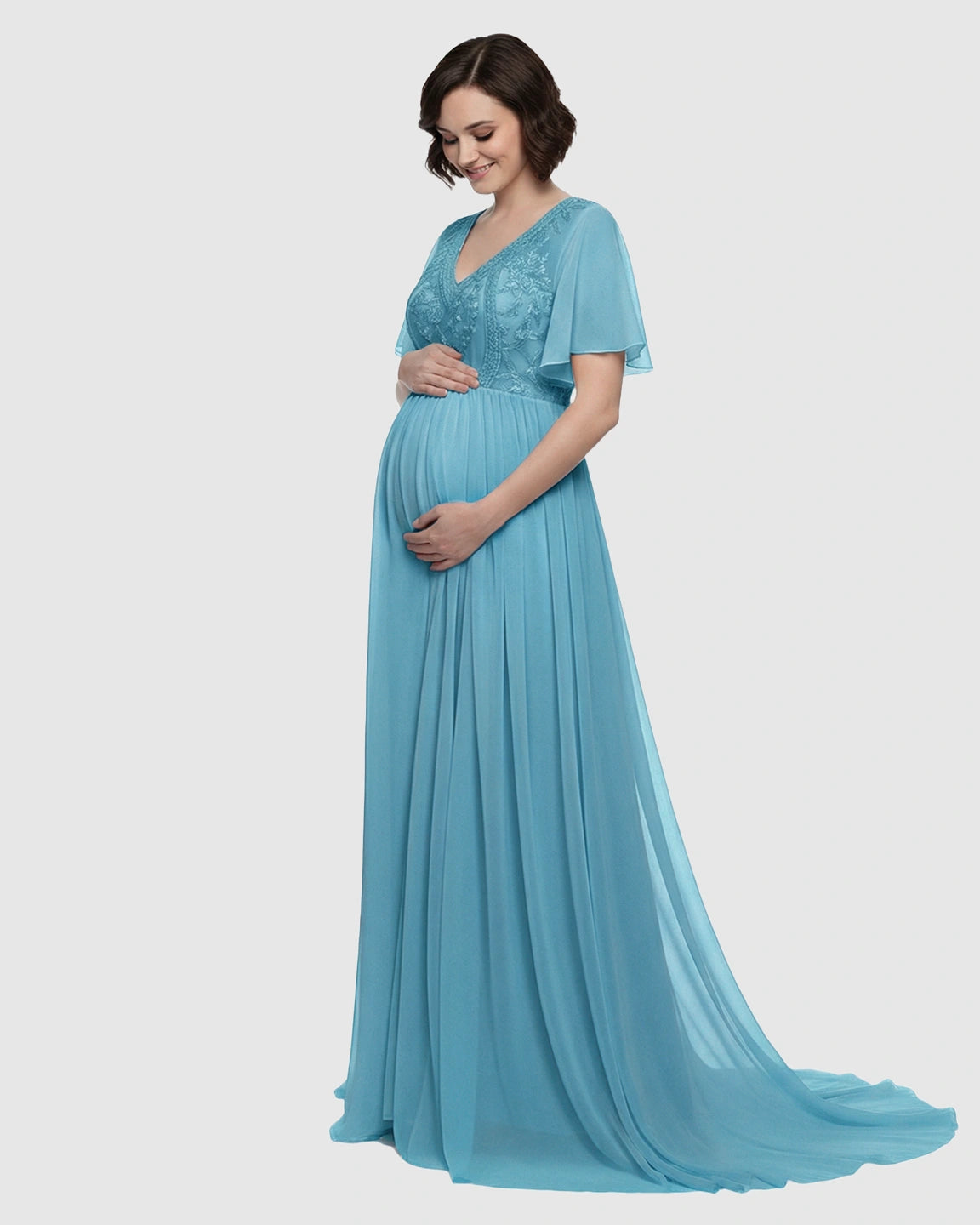 Embroidered Bodice Long Train Maternity Photoshoot Gown