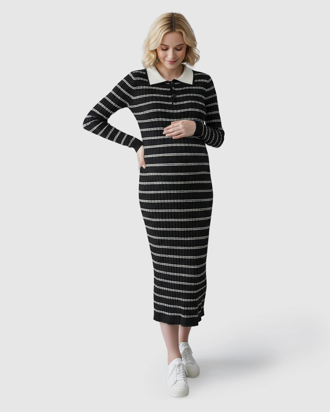Contrast Collared Casual Maternity Midi Dress