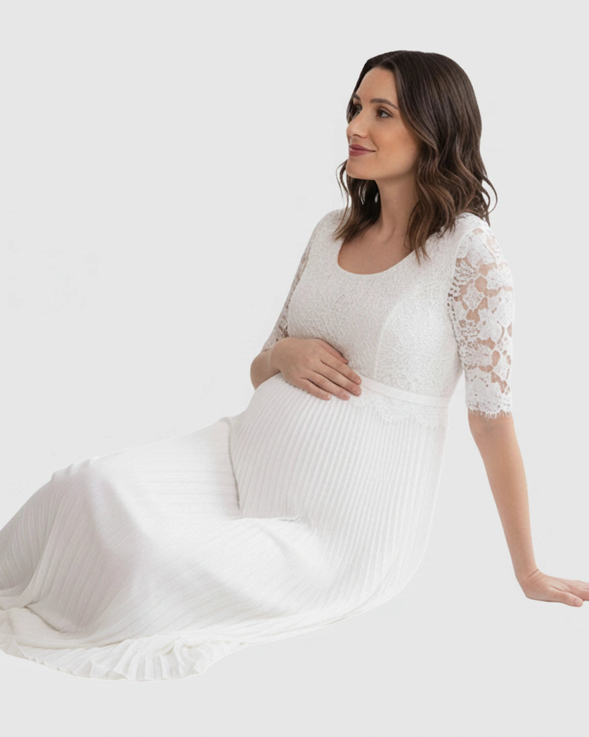 Lace-Sleeve Pleated Maternity Maxi Dress