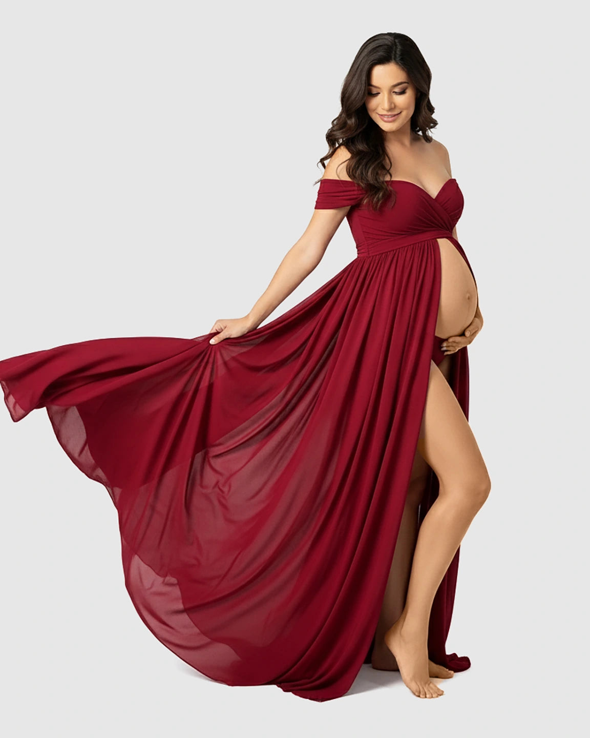 Off Shoulder Laced Flowing Maternity Maxi Dress