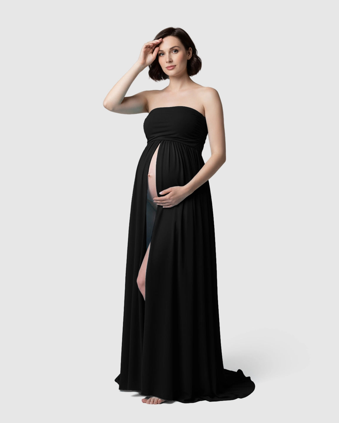 Strapless Ruched Front Slit Maternity Photoshoot Dress