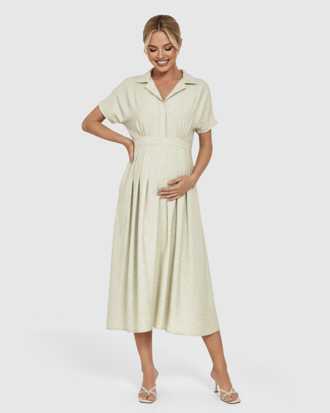 Lapel Collar A-line Maternity Midi Dress