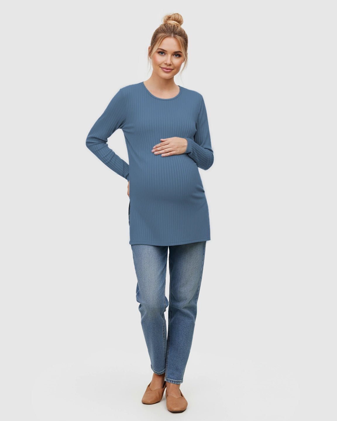 Ribbed Knit Long Sleeve Maternity Top with Side Slits