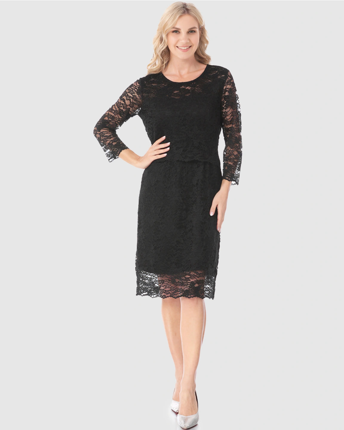 Mid-length Lace Sleeves Maternity & Nursing Dress