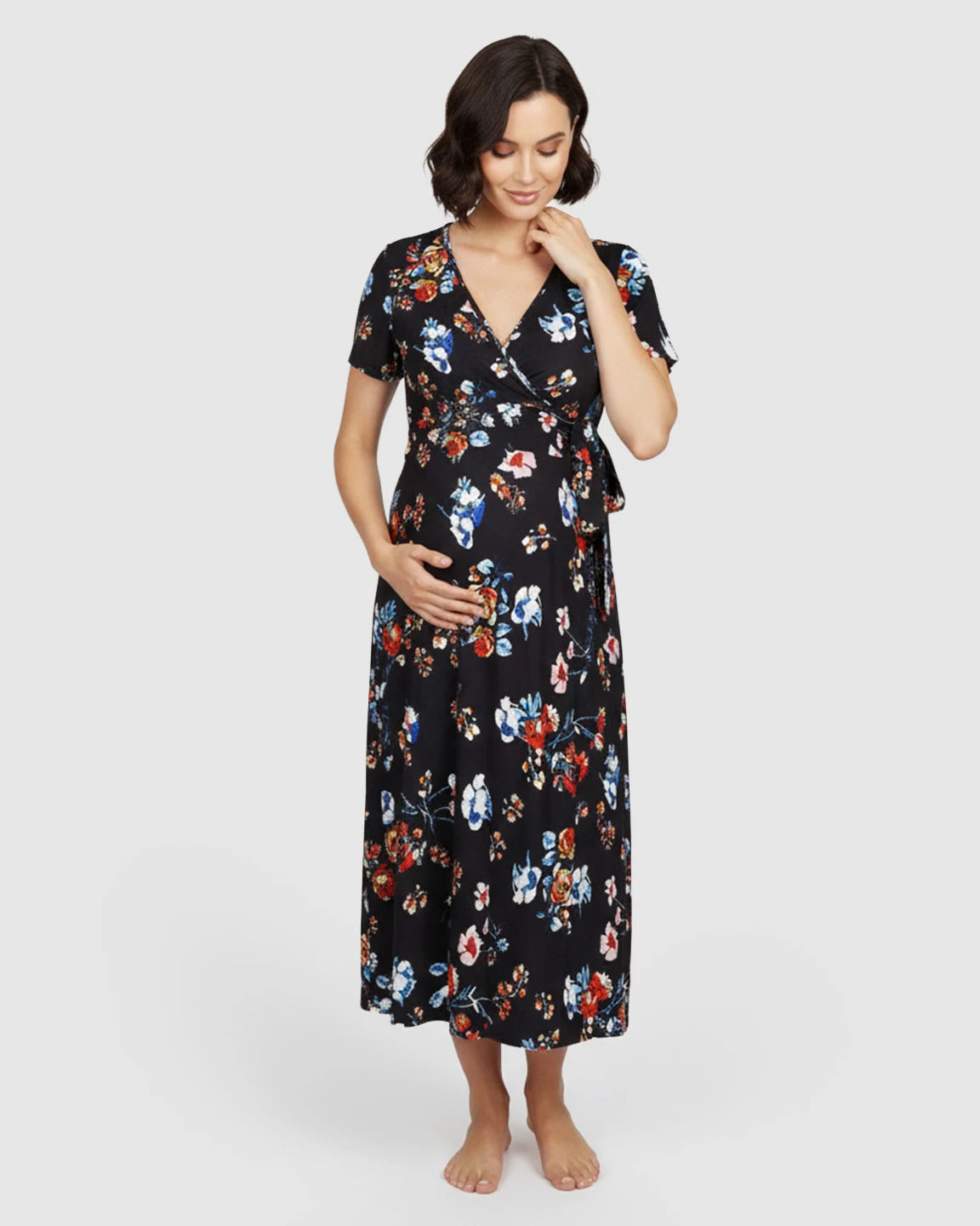 V-Neck Wrap Style Floral Maternity Maxi Dress