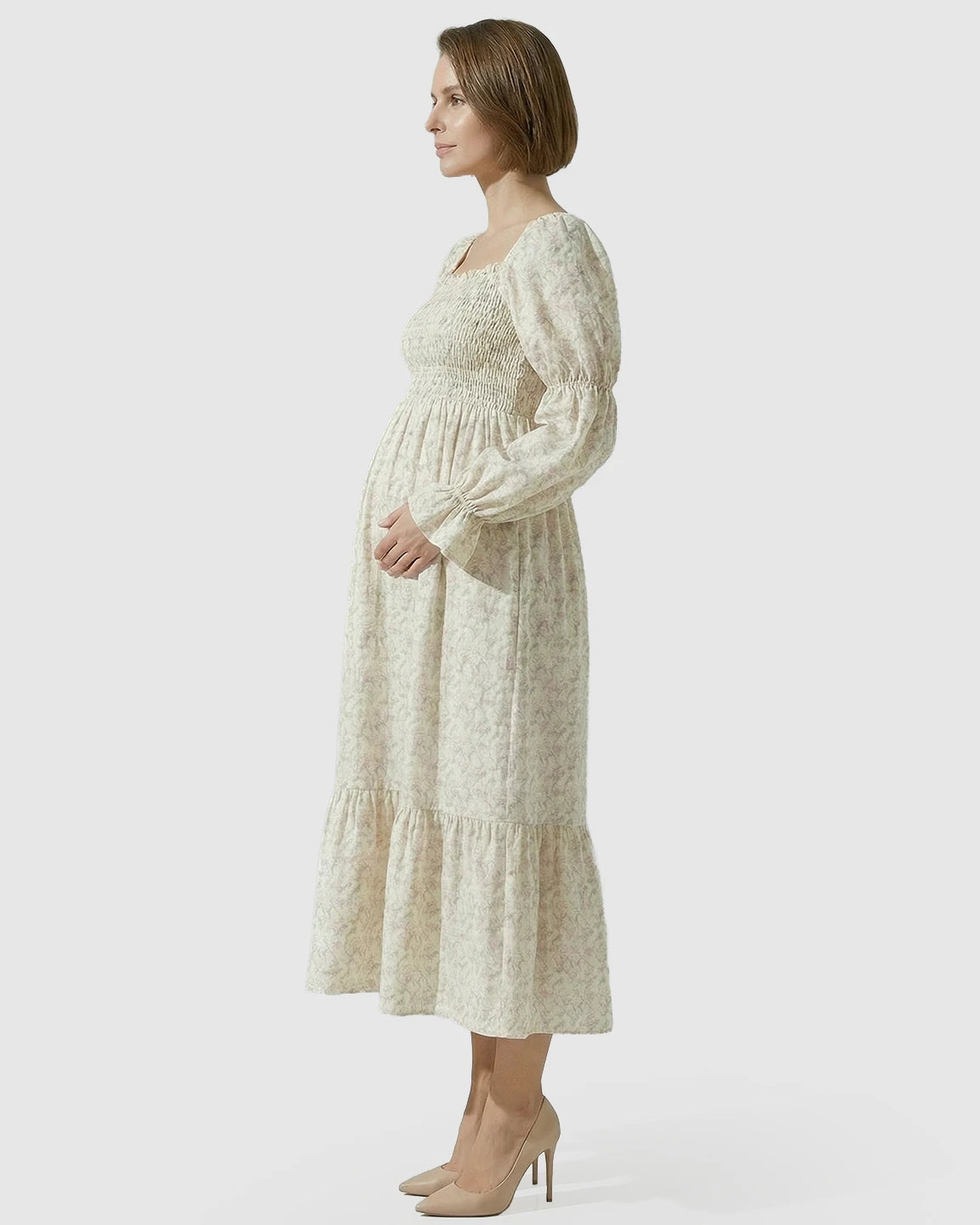 Puff Sleeves Floral Print Maternity Maxi Dress