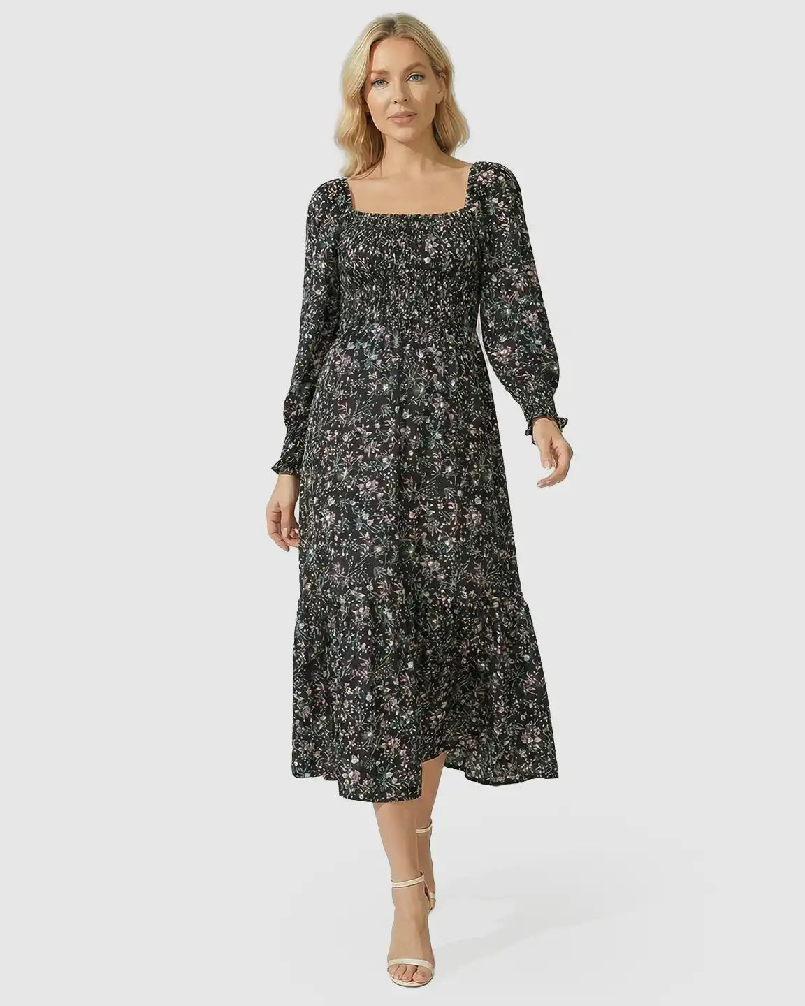 Smocked Floral Maternity Midi Dress