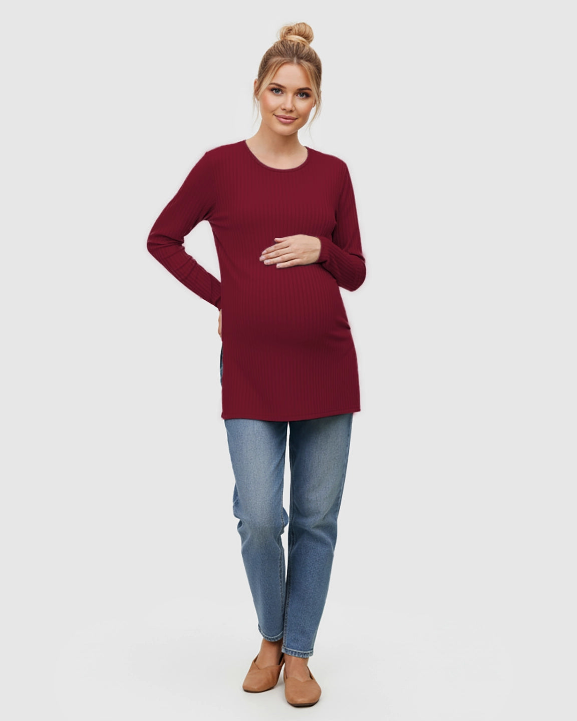 Ribbed Knit Long Sleeve Maternity Top with Side Slits