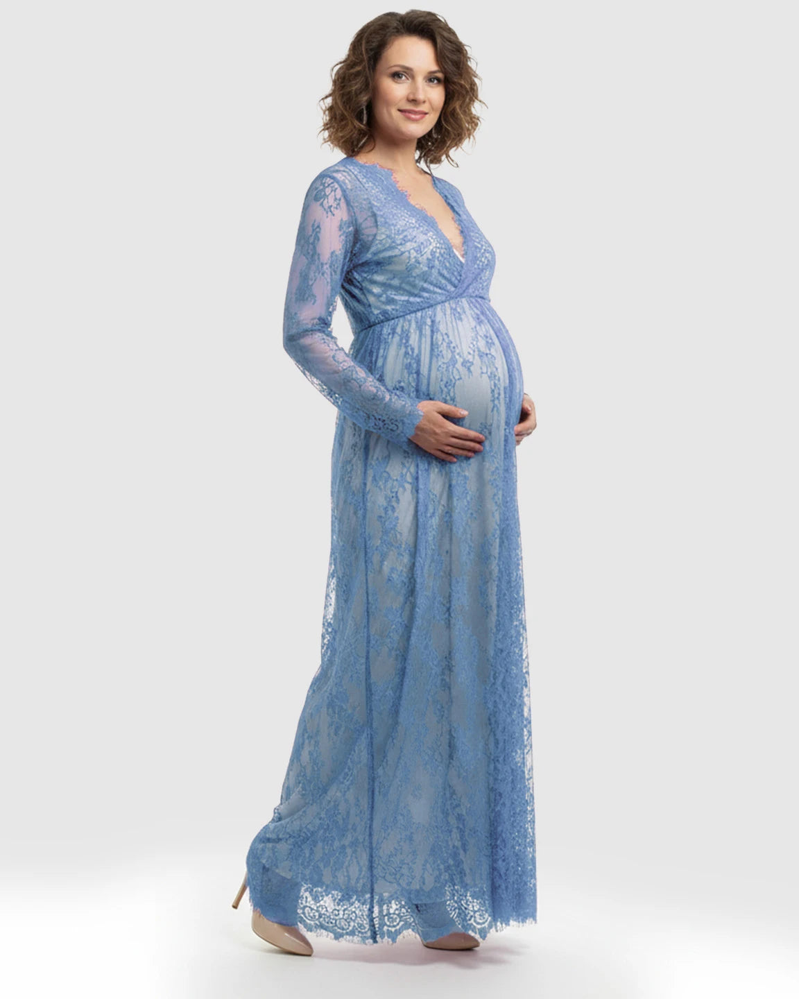Sheer Floral Lace Empire Waist Maternity Maxi Dress