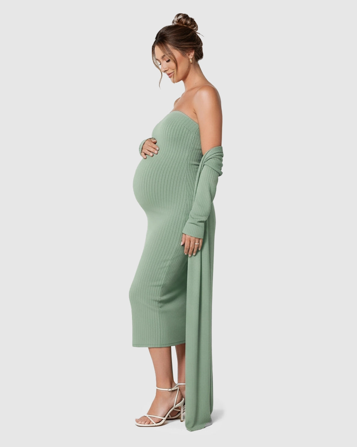 Elegant Ribbed Two-Piece Maternity Dress with Cardigan