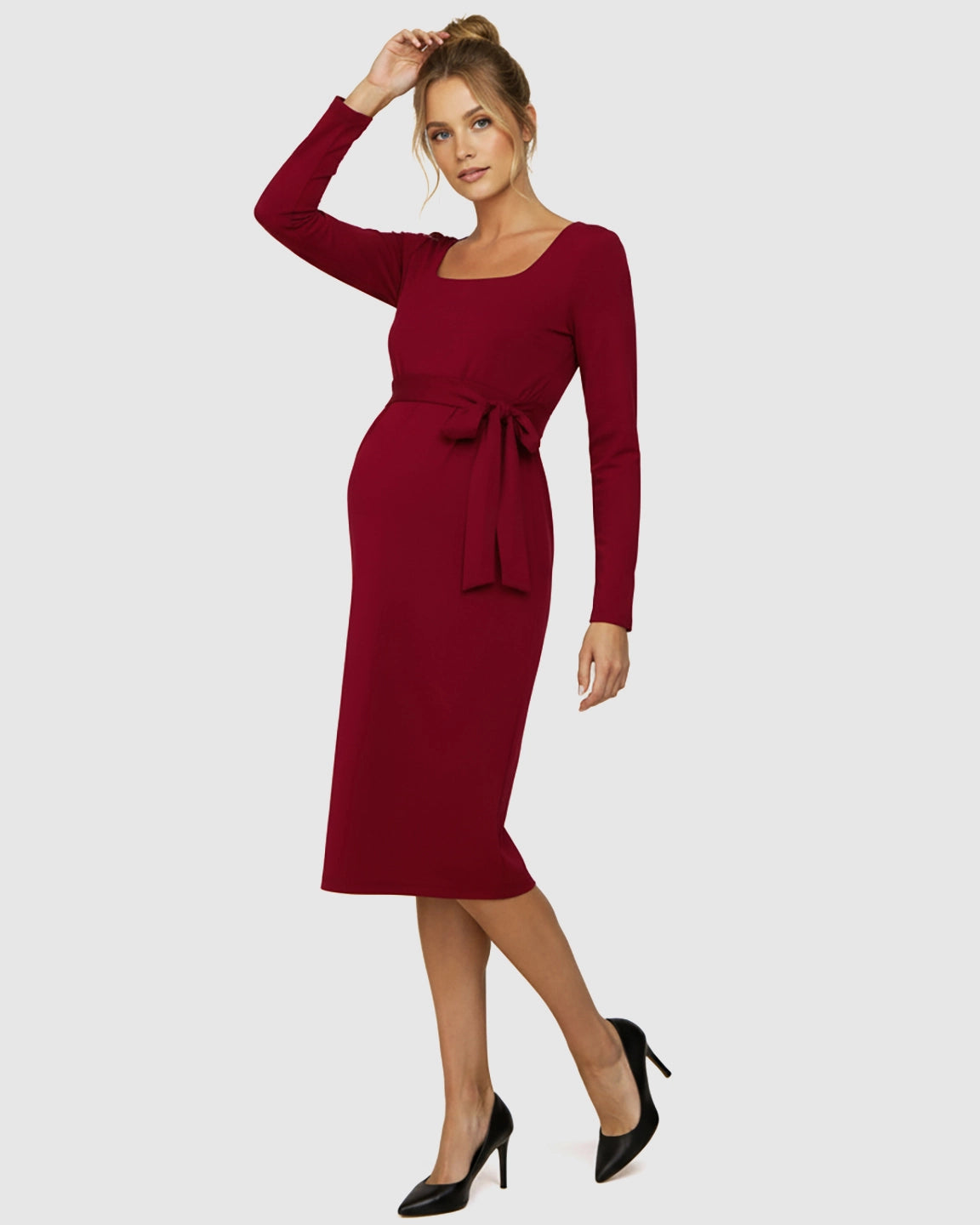 Square Neck Tie-Waist Bodycon Maternity Midi Dress