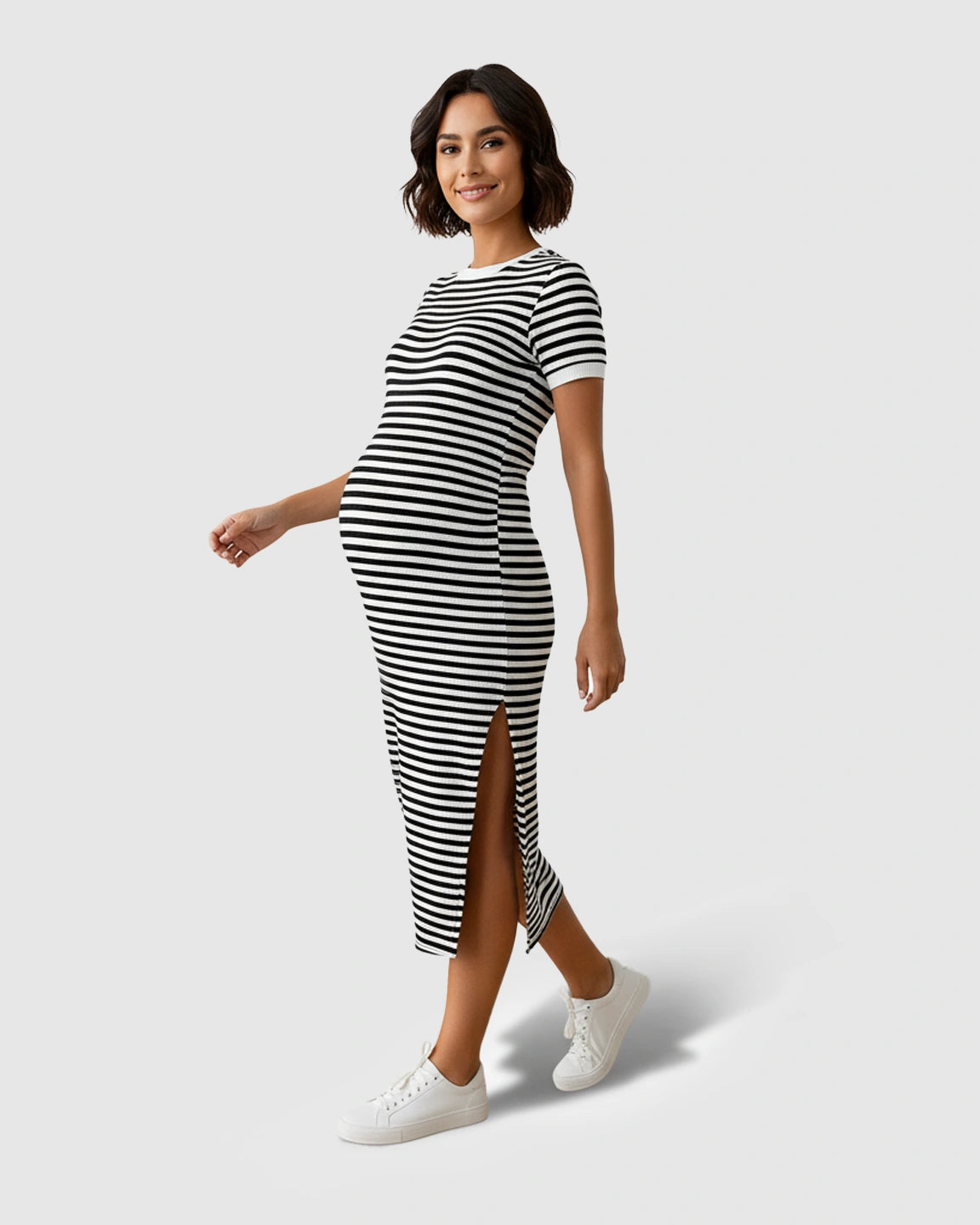 Striped Slim-Fit Maternity Midi Dress with Side Slit