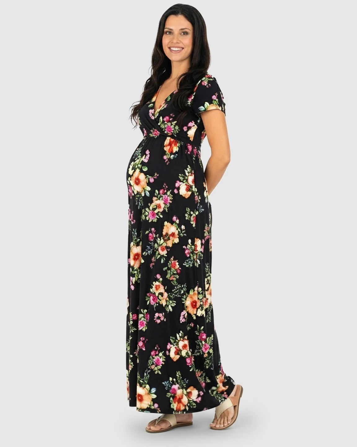 Floral V-Neck Short Sleeve Maternity Maxi Dress