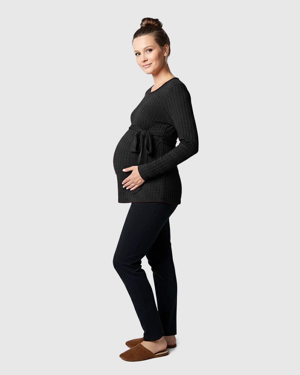 Ribbed Knit Tie-Waist Long Sleeve Maternity Top