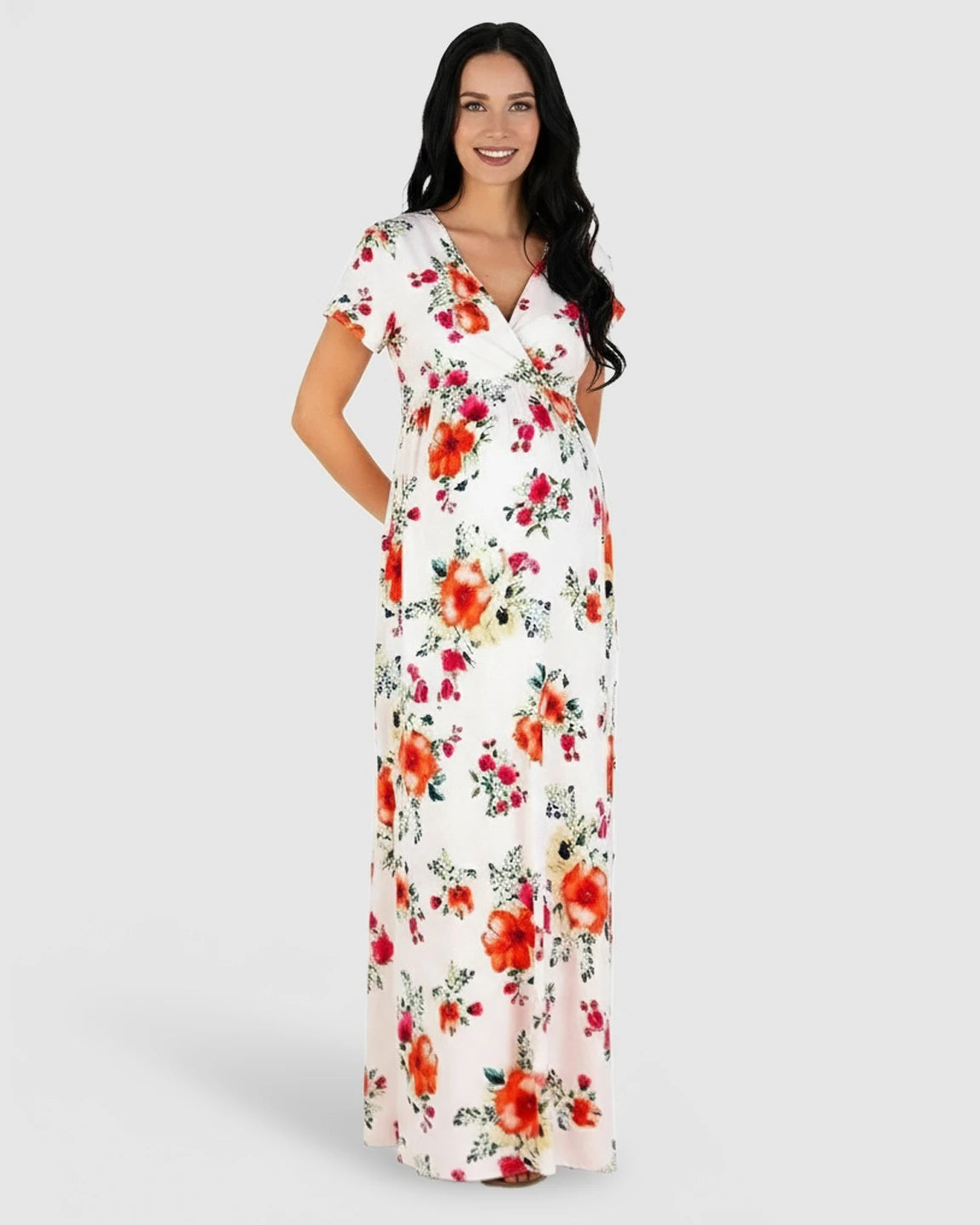 Floral V-Neck Short Sleeve Maternity Maxi Dress