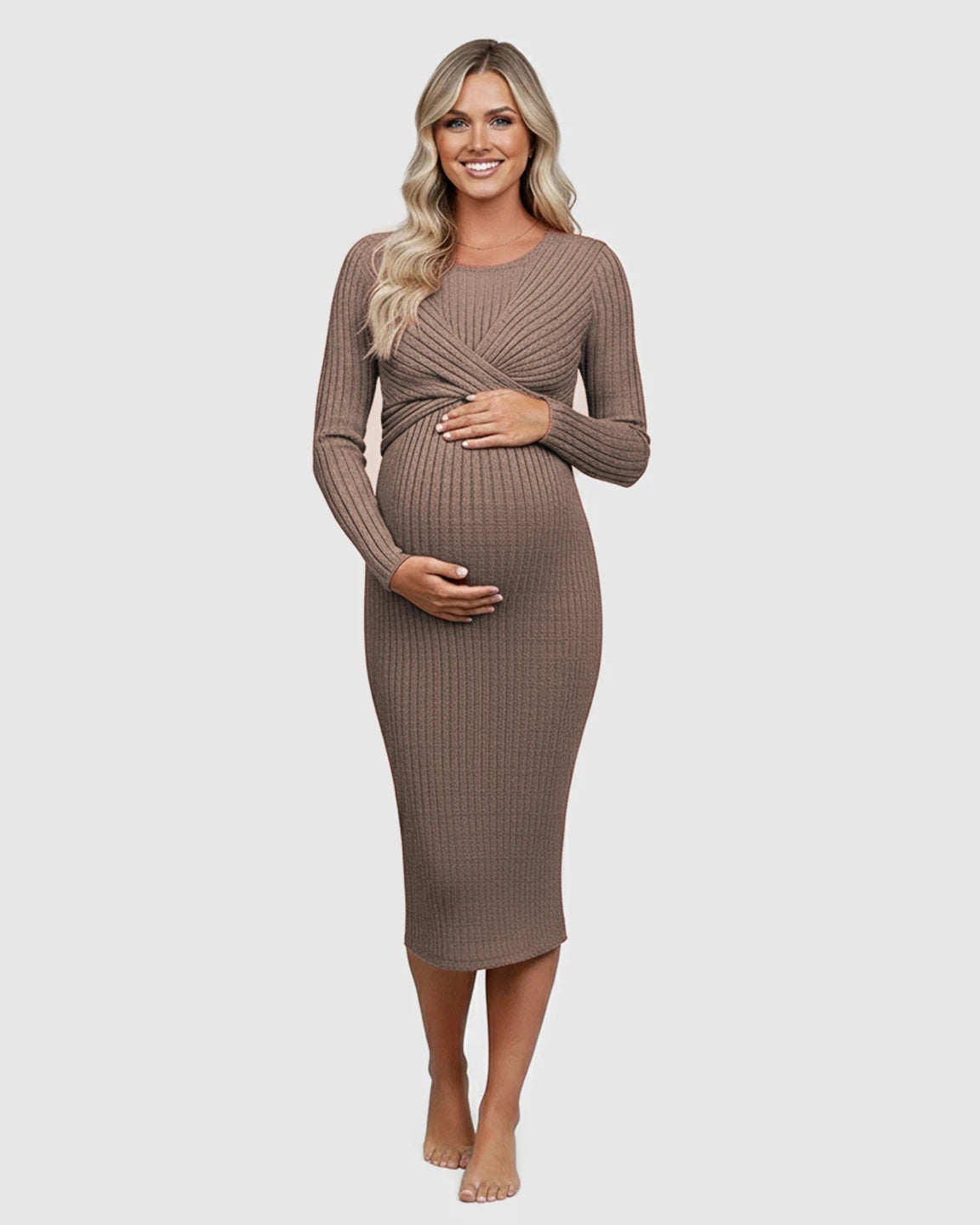 Knot Front Long Sleeve Maternity Midi Dress