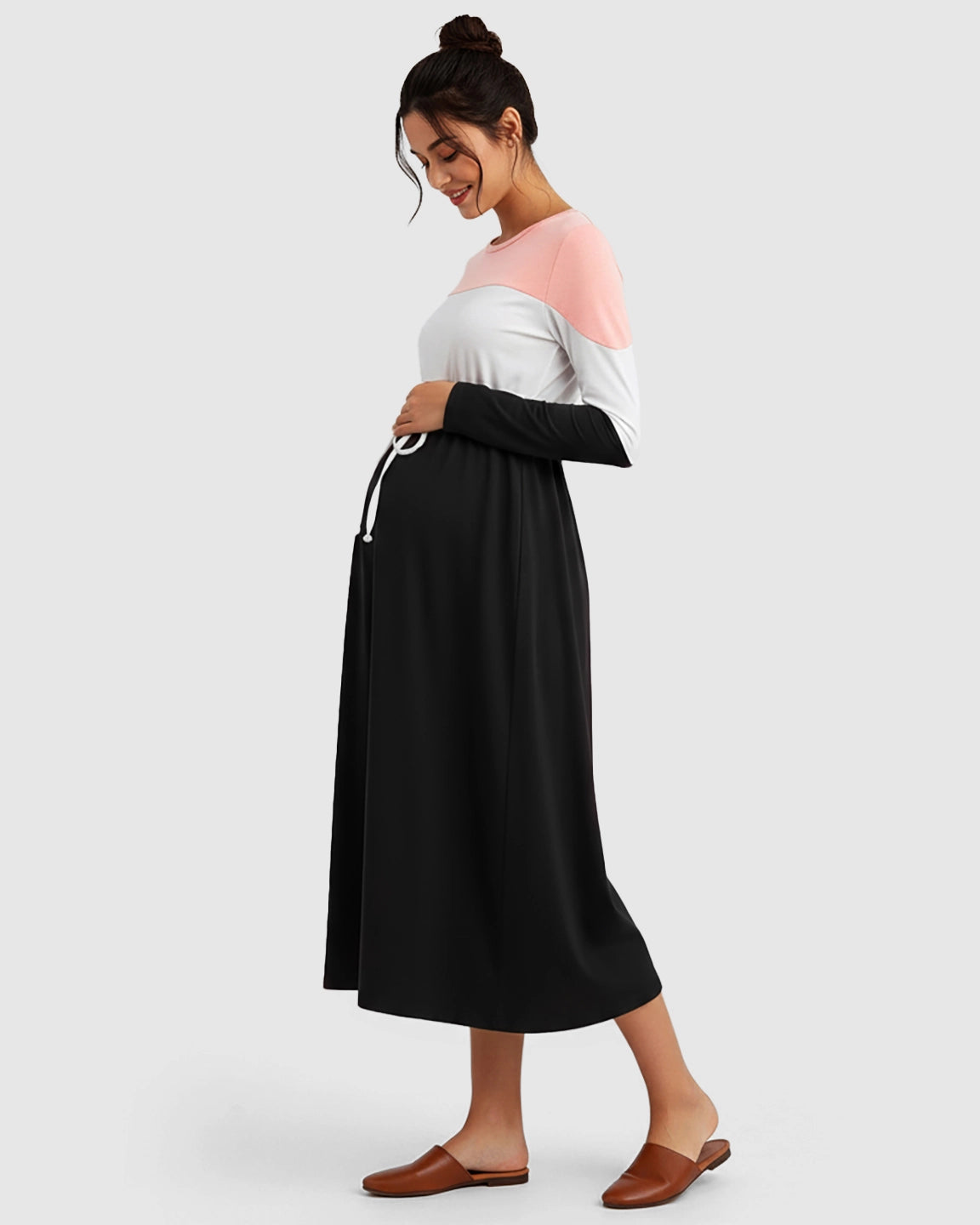 Color-Block Off-Shoulder Drawstring Waist Maternity Dress
