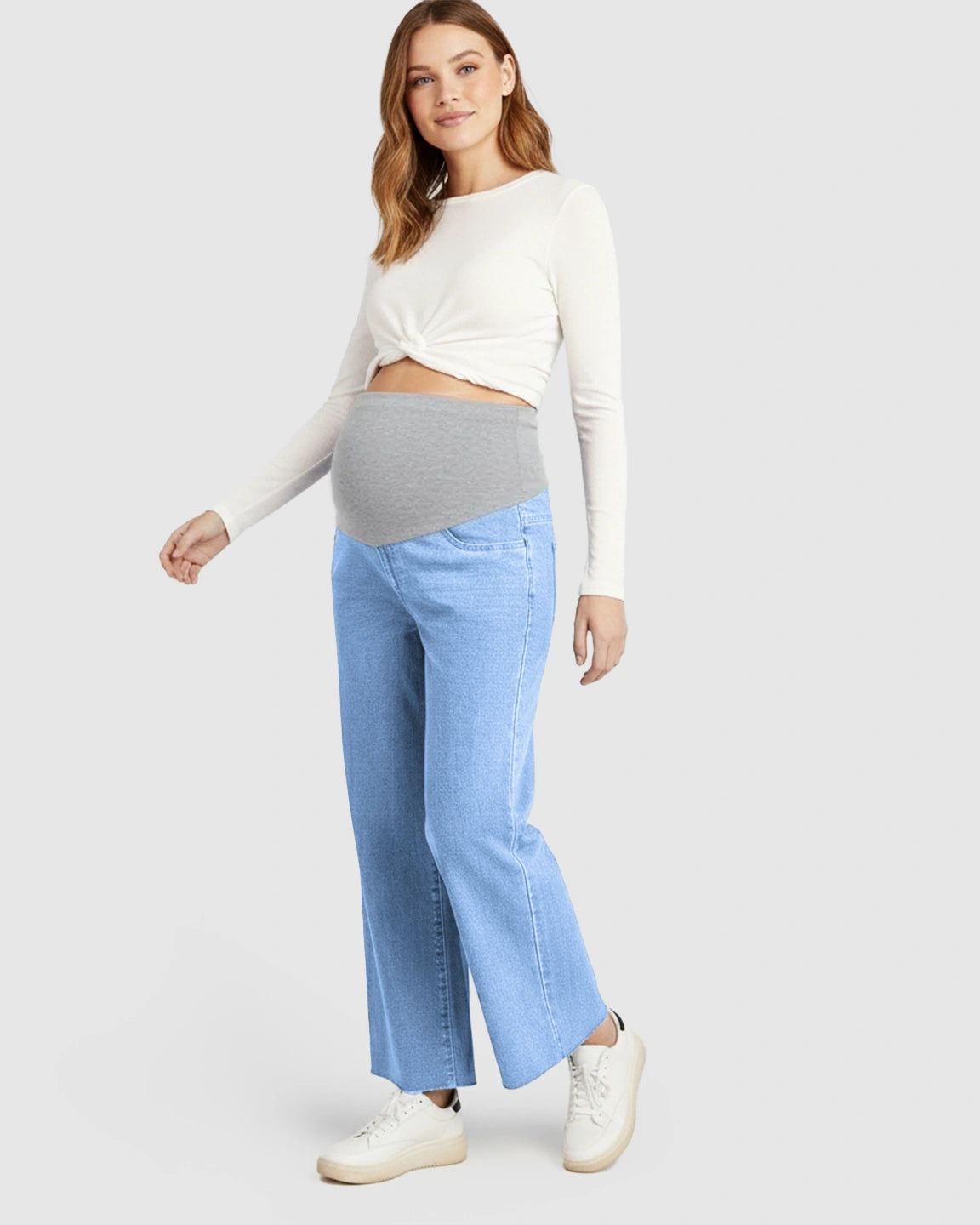 Raw Hem Loose Straight-Leg Maternity Jeans with Tummy Support