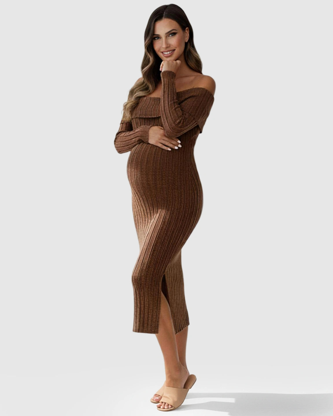 Ribbed Off-Shoulder Bodycon Maternity Midi Dress with Side Slit