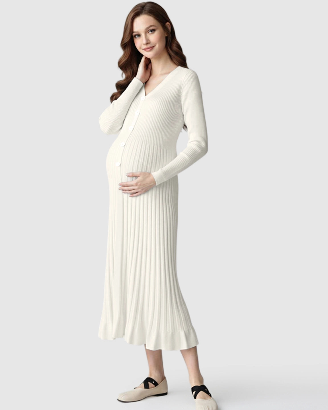 Ribbed Knit Long Sleeve Maternity Midi Dress
