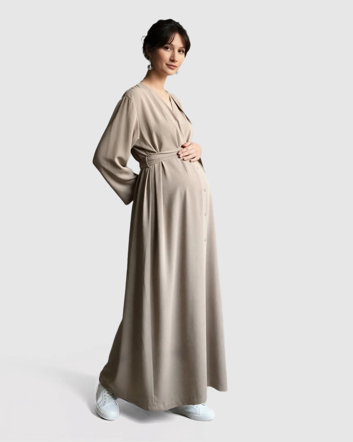 Long Sleeve V-Neck Maternity Maxi Dress with Adjustable Waist